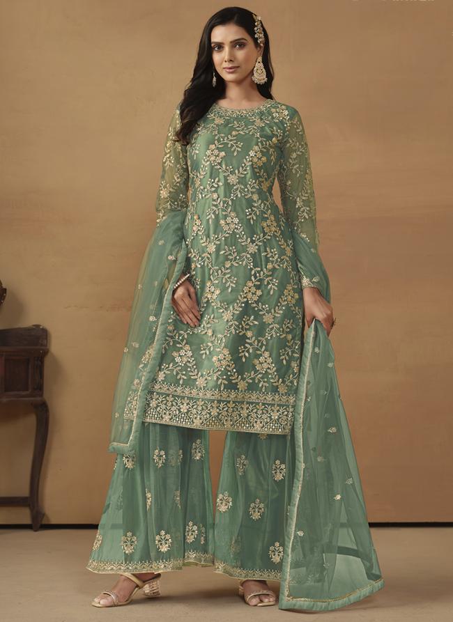 Net Pista Green Ramzan Wear Embroidery Work Sharara Suit